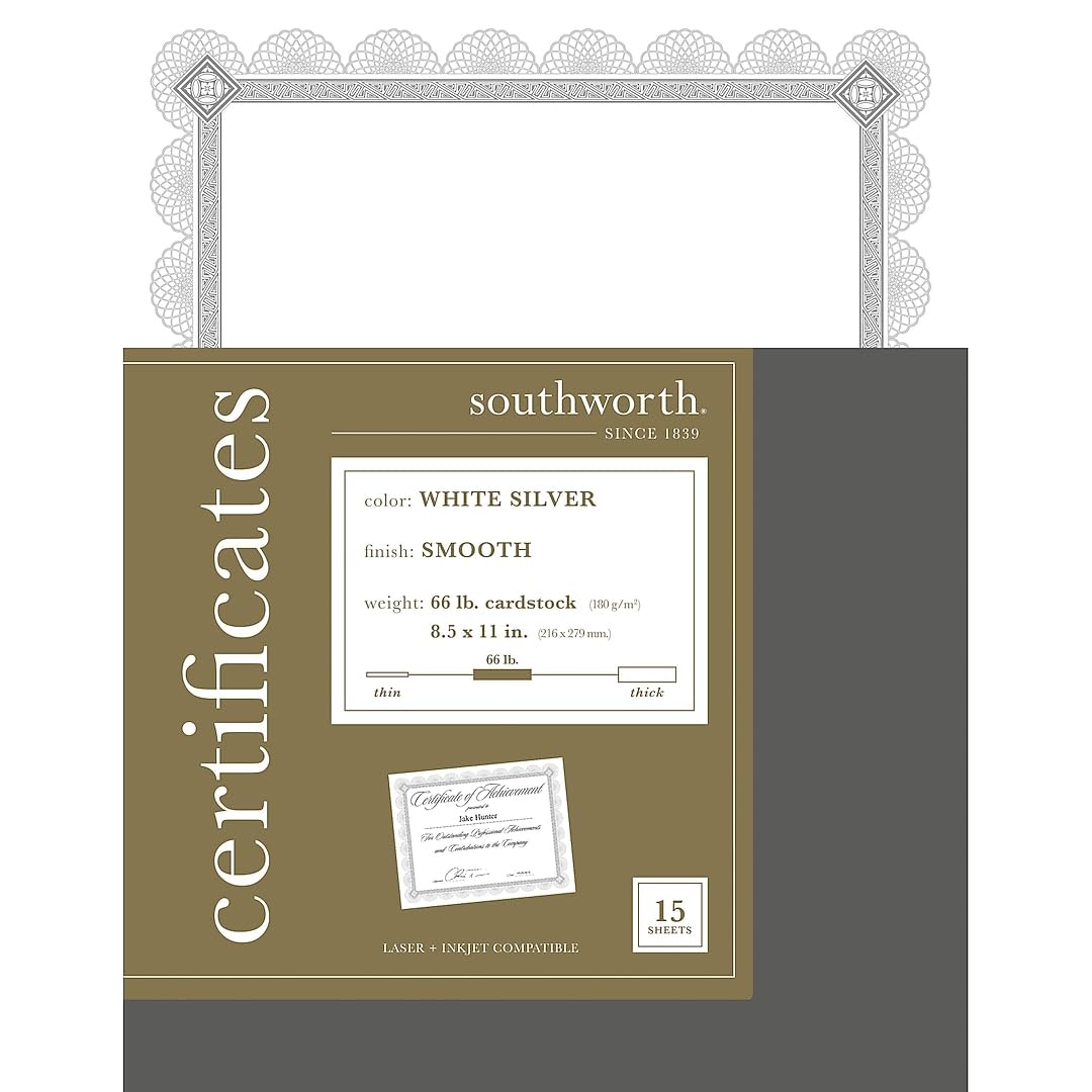 Southworth® - Certificados de lámina de alta calidad, 8 1/2 pulgadas x 11 pulgadas, 65 libras, flor de lámina blanca y plateada, paquete de 15
