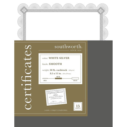 Southworth® - Certificados de lámina de alta calidad, 8 1/2 pulgadas x 11 pulgadas, 65 libras, flor de lámina blanca y plateada, paquete de 15