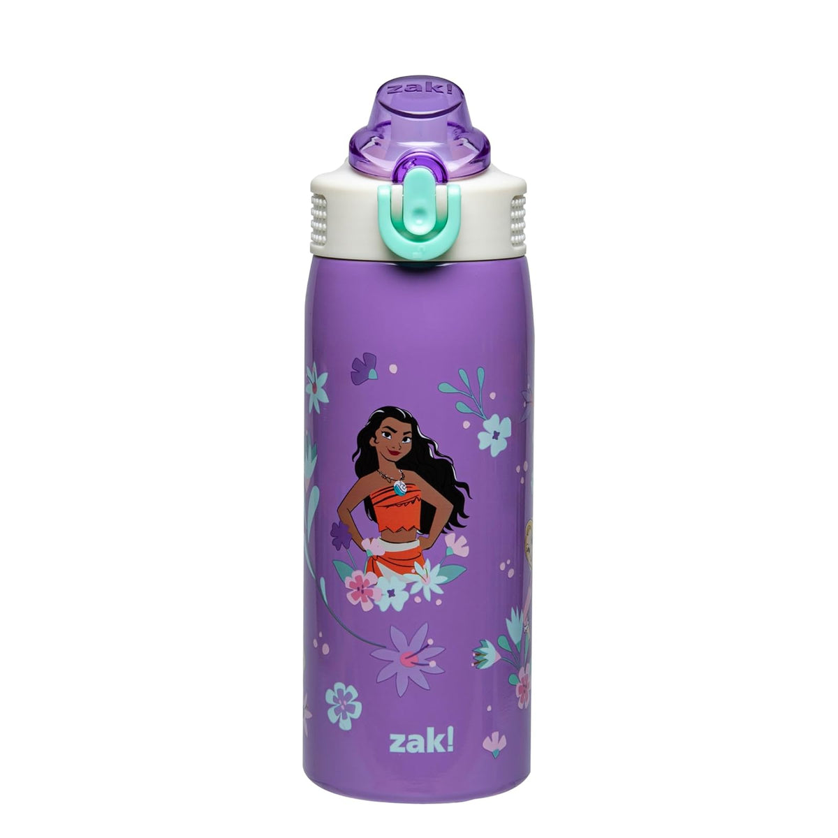 Zak Designs Botella de Agua Infantil de Acero Inoxidable con Popote - 0.6 Litros - Princesa (Ariel, Moana, Rapunzel, Tiana)
