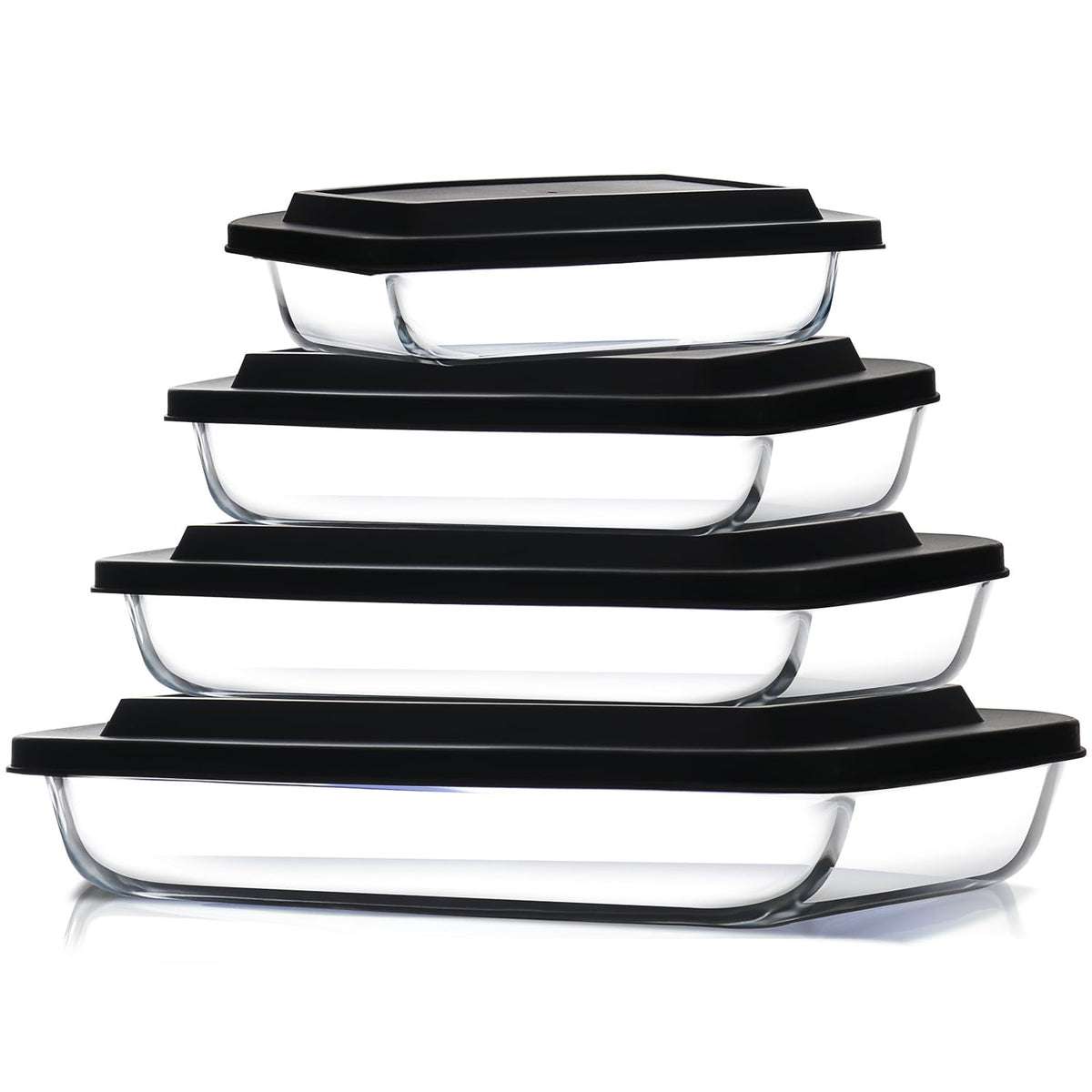 EATEX - Cazuela de vidrio profundo de 8 piezas para horno con tapas de plástico, platos de horno de vidrio para horno, utensilios rectangulares para hornear para lasaña, cocina, sobras, cocina