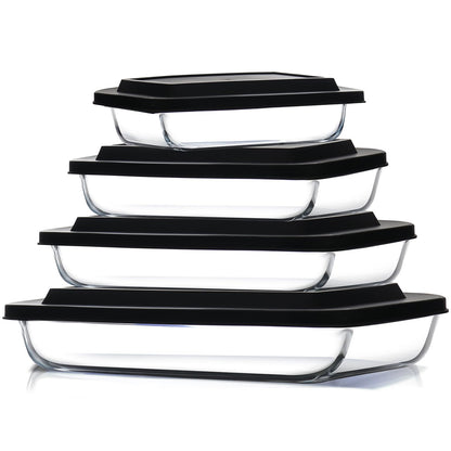EATEX - Cazuela de vidrio profundo de 8 piezas para horno con tapas de plástico, platos de horno de vidrio para horno, utensilios rectangulares para hornear para lasaña, cocina, sobras, cocina