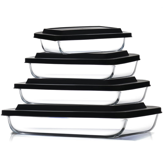 EATEX - Cazuela de vidrio profundo de 8 piezas para horno con tapas de plástico, platos de horno de vidrio para horno, utensilios rectangulares para hornear para lasaña, cocina, sobras, cocina