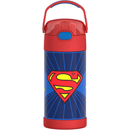 THERMOS FUNTAINER - Botella de agua con popote, 12 onzas, botella de agua aislada al aspiradora para niños, de acero inoxidable con tapa, Superman