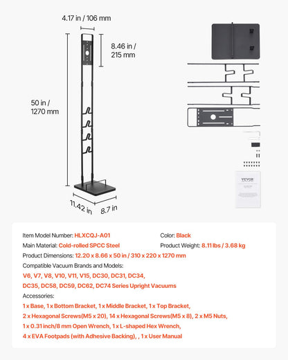 VEVOR Soporte de Aspiradora 1270 mm Compatible con Dyson V6 V7 V8 V10 V11 V15 Soporte Estable para Aspiradora con 4 Ganchos para Aspiradoras Verticales Dyson DC30 DC31 DC34 DC35 DC58 DC59 DC62 D74