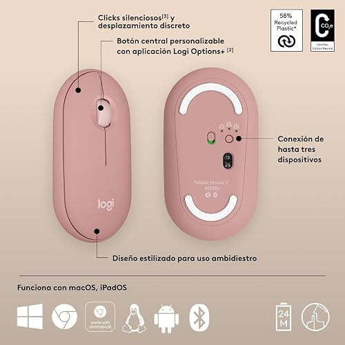 Logitech Pebble Mouse 2 M350s, estilizado Mouse inalámbrico Bluetooth, Ligero, Personalizable, clicks discretos, Easy-Switch, Windows, macOS, iPadOS, Android, ChromeOS - Rosa