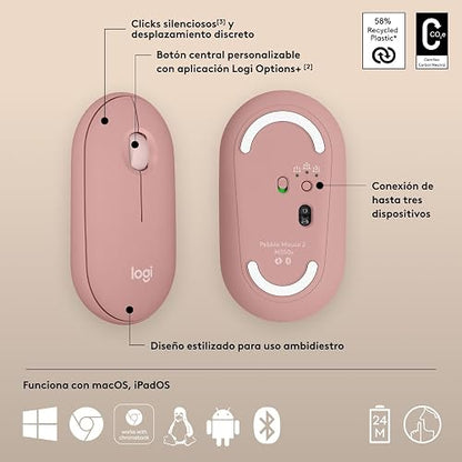 Logitech Pebble Mouse 2 M350s, estilizado Mouse inalámbrico Bluetooth, Ligero, Personalizable, clicks discretos, Easy-Switch, Windows, macOS, iPadOS, Android, ChromeOS - Rosa