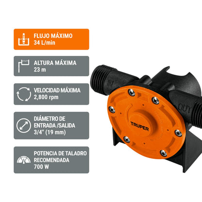 Truper BOT-1, Bomba autocebante para uso con taladro compatible con los broqueros comunes