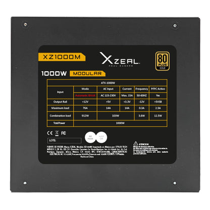 Fuente de Poder Xzeal XZ1000M ATX 1000W 80 Plus Gold Modular 1x20+4pin + 2xP8(4+4) Pin +3X PCI-E/CPU (8pin) + 1x PCI-E 5.1+ 4X SATA/Molex Negro
