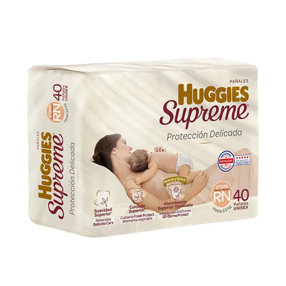 Pañal Huggies Supreme, unisex con 40 pzs, etapa Recién Nacido, para bebés de hasta 3.5 kg. Único clinica y dermatologicamente probado