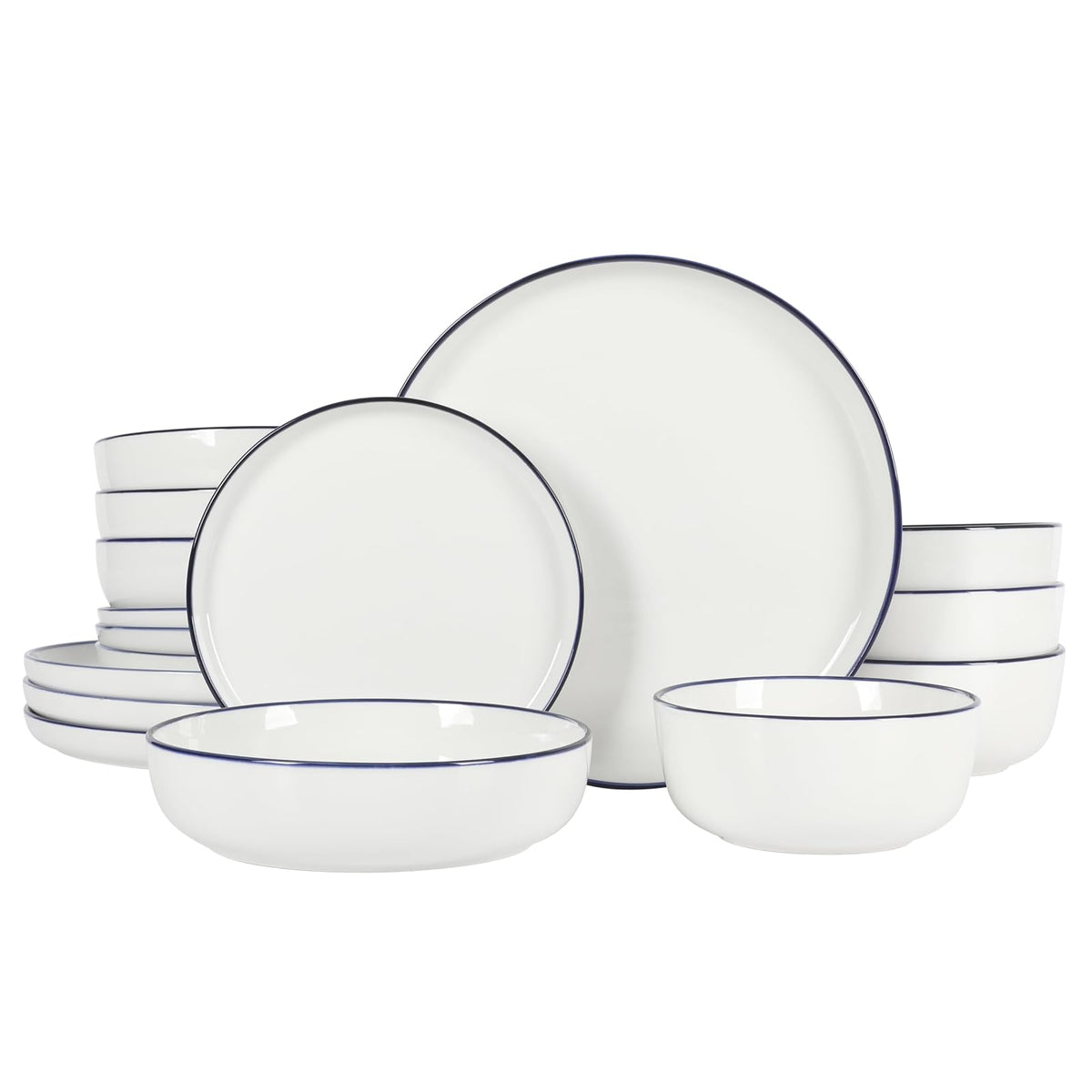 Gibson Home Oslo - Juego de vajilla de porcelana de cerámica resistente a los arañazos y astillas, apto para microondas y lavaplatos, platos y cuencos, color blanco con borde azul