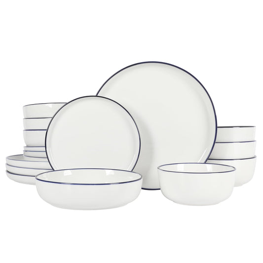 Gibson Home Oslo - Juego de vajilla de porcelana de cerámica resistente a los arañazos y astillas, apto para microondas y lavaplatos, platos y cuencos, color blanco con borde azul