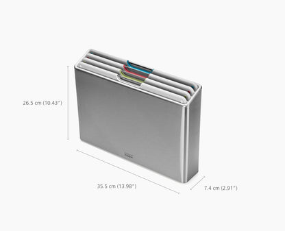 Joseph Joseph - Juego de tabla de cortar de 4 piezas codificadas por colores, estuche delgado de acero inoxidable para almacenamiento de cocina organizada, piedra ligera