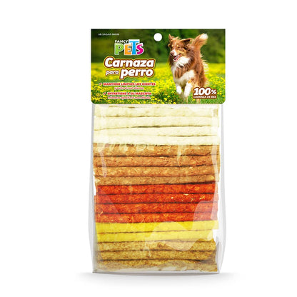 Fancy Pets Palitos de Carnaza Natural para Perros | 100 Piezas Sabor Variado | Snack Dental para Premiar y Limpiar Dientes