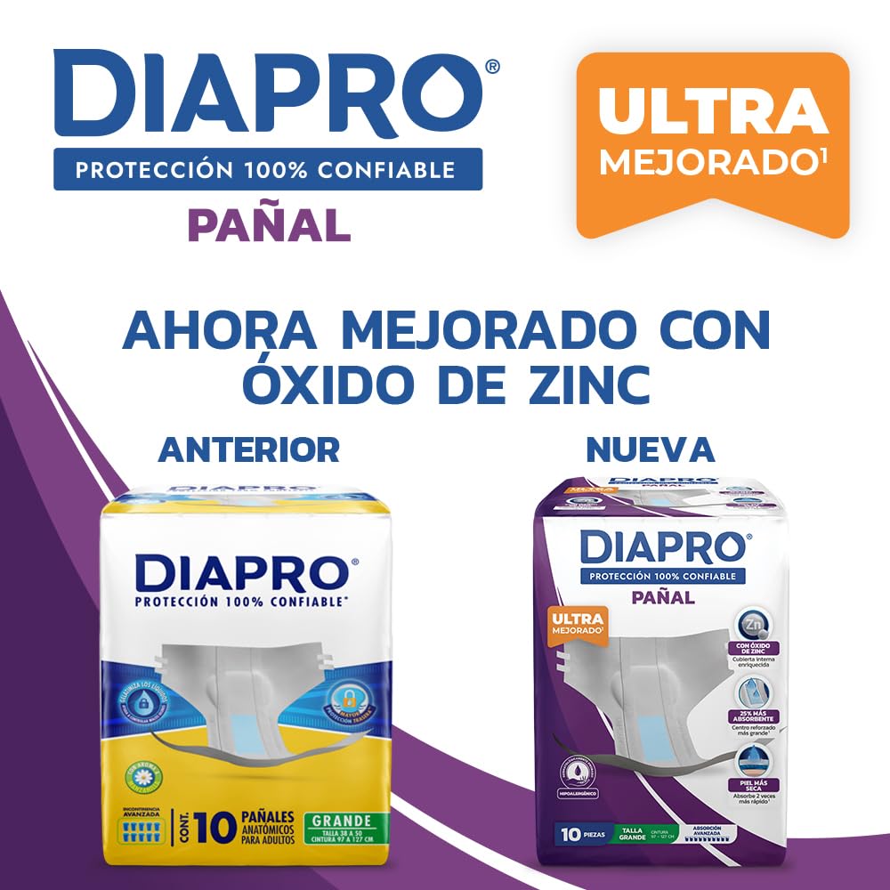 Diapro Pañal Anatómico Desechable para Incontinencia, Talla Grande, Unisex, Caja con 40 Piezas (4 paquetes de 10 piezas c/u), con protección trasera