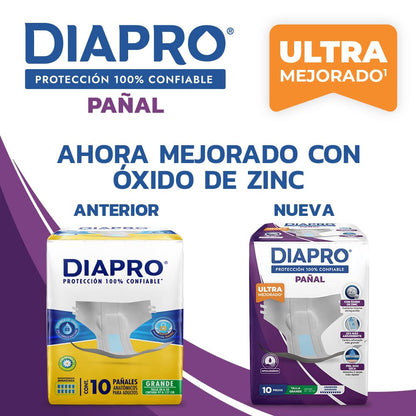 Diapro Pañal Anatómico Desechable para Incontinencia, Talla Grande, Unisex, Caja con 40 Piezas (4 paquetes de 10 piezas c/u), con protección trasera