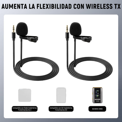 NEEWER 2 Pack Lavalier Lapel Microphone para dji Mic Wireless Transmisores, Compatible con Rode Wireless GO II 2, Condensador Omnidireccional, Cable Micrófono Solapa para Youtube Live Streaming, CM5