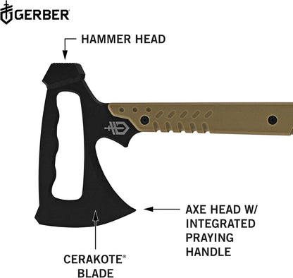 Gerber Gear 30-000715N Tomahawk táctico de Rango descendente, Hacha de Cabeza de Martillo Multiherramienta y Barra Prybar, Funda incluida, café/Negro