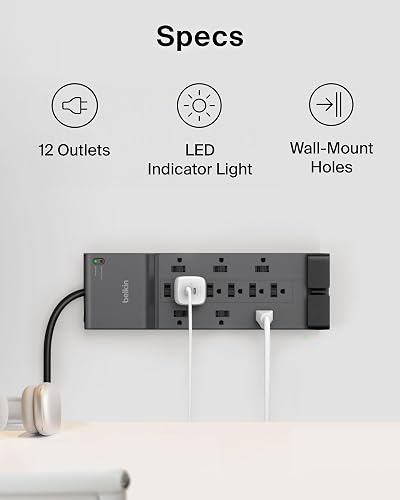 Belkin - Supresor de Picos de Corriente con 12 tomacorrientes de CA y Enchufe Plano, Cable de extensión Resistente de 2.4 MTS