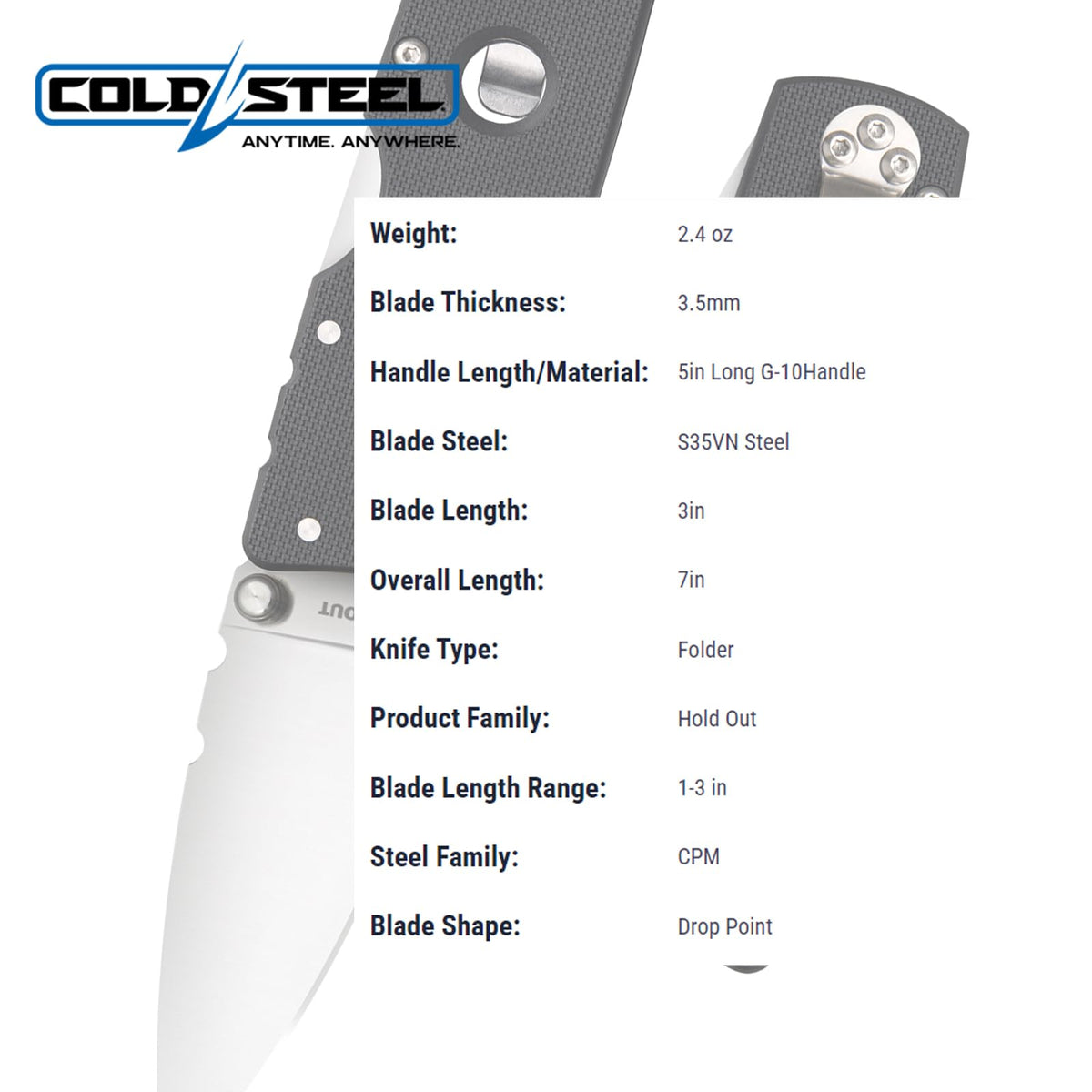 Cold Steel Hold out 3 Pulgadas S35VN Hoja Lisa de 4 Pulgadas con Mango G-10 de Bolsillo para Llevar Diario Cuchillo Plegable con Bloqueo de Triple Anuncio, Clip de Bolsillo