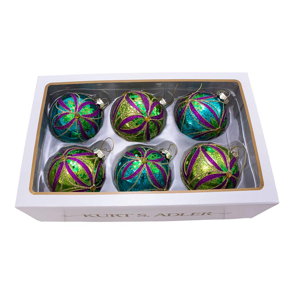 Kurt S. Adler Kurt Adler - Bola de Navidad de Vidrio de 80 mm, Adorno de Caja de 6 Piezas, Azul, Verde, Dorado, Morado, 6 Unidades