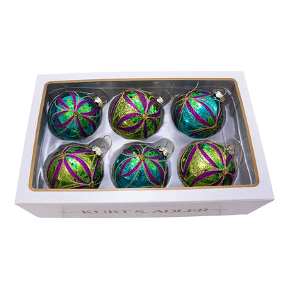 Kurt S. Adler Kurt Adler - Bola de Navidad de Vidrio de 80 mm, Adorno de Caja de 6 Piezas, Azul, Verde, Dorado, Morado, 6 Unidades