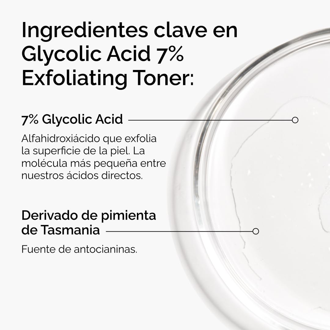 The Ordinary Glycolic Acid 7% Exfoliating Toner, Exfoliante con Ácido Glicólico al 7% — Tónico de uso diario para una piel más radiante y con textura más suave