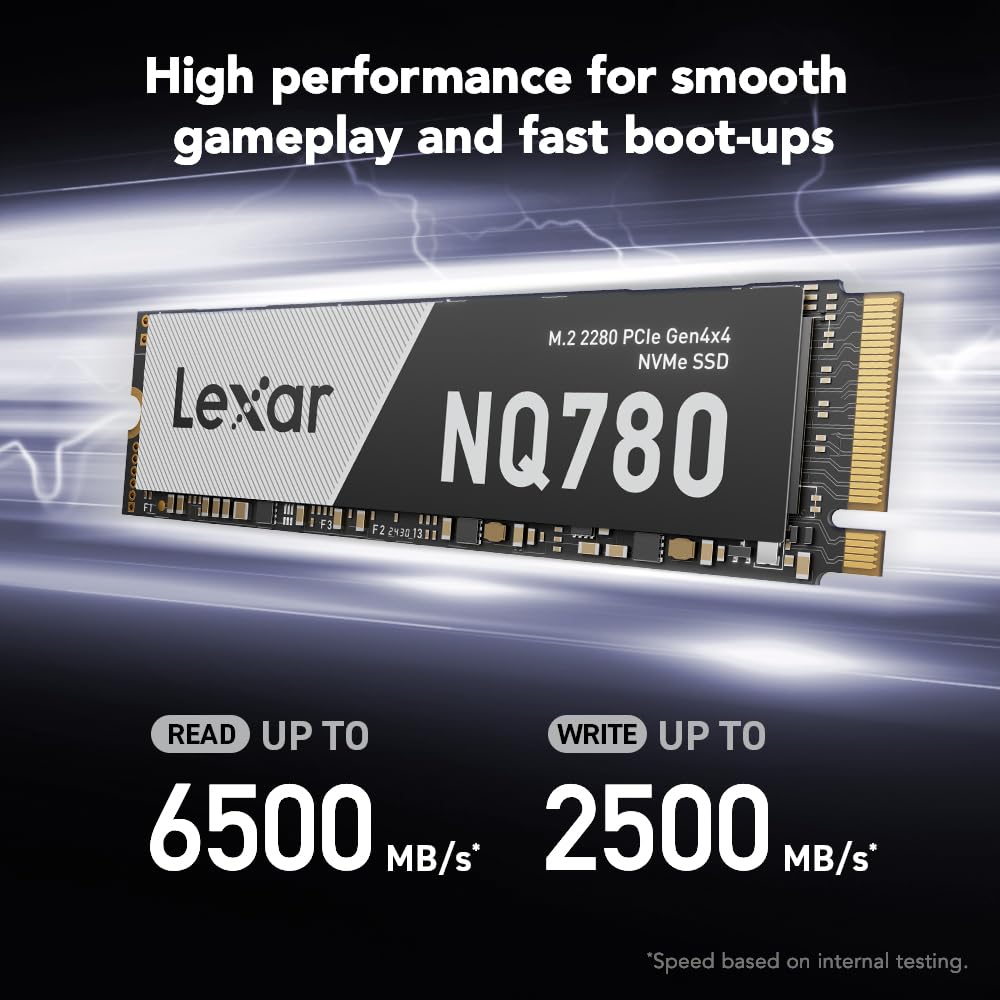 Lexar 1TB NQ780 SSD PCIe Gen4 NVMe M.2 2280 Unidad Interna de Estado sólido, hasta 6500/2500 MB/s de Lectura/Escritura, Compatible con PS5, para Jugadores y Creadores (LNQ780X001T-RNNNU)