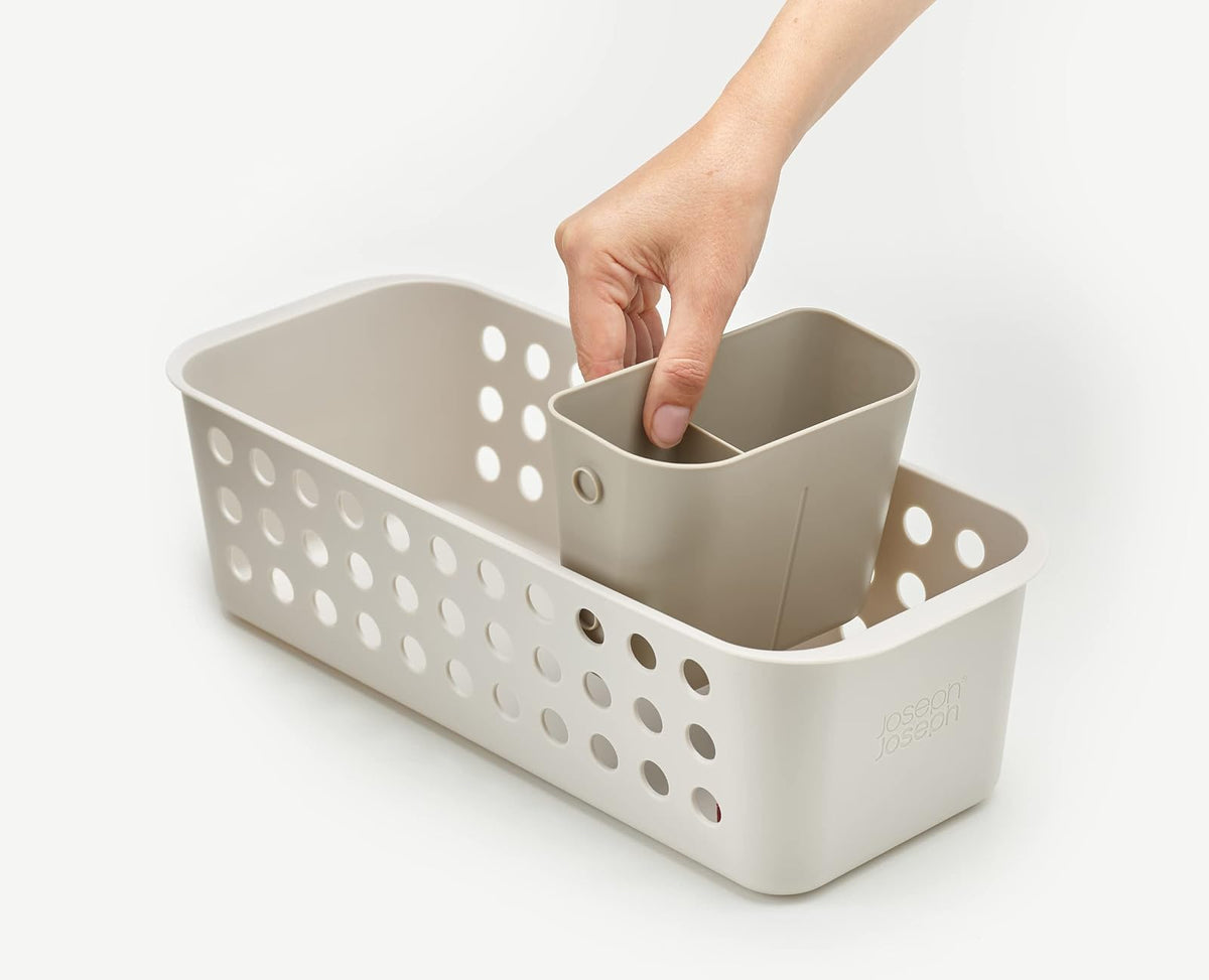 Joseph Joseph EasyStore - Organizador de cesta de almacenamiento para artículos esenciales de baño con maceta móvil y divisor, color crudo