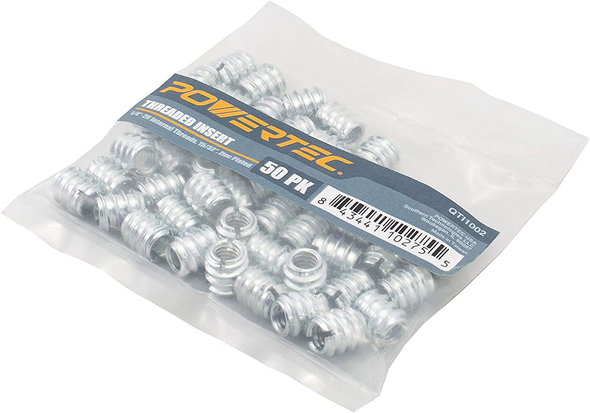 POWERTEC - Insertos de tuerca de 50 1/4 '-20 | Adecuado para madera dura y madera blanda, carpintería y muebles | 11,9 mm de longitud (QTI1002)