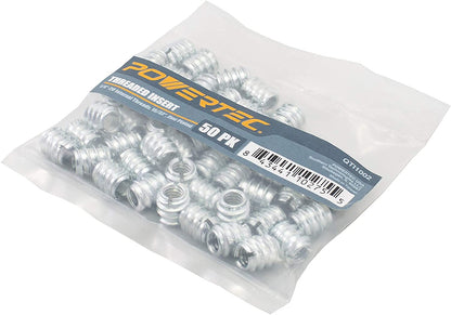 POWERTEC - Insertos de tuerca de 50 1/4 '-20 | Adecuado para madera dura y madera blanda, carpintería y muebles | 11,9 mm de longitud (QTI1002)