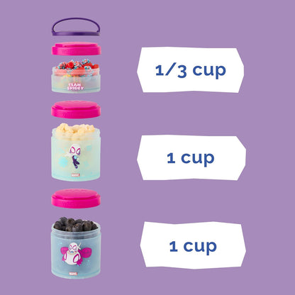 Whiskware Spider-Man Team Spidey - Recipientes apilables para bebés, niños y niños pequeños, 3 tazas apilables para aperitivos para la escuela o viajes, apto para portavasos, Gwen Stacy