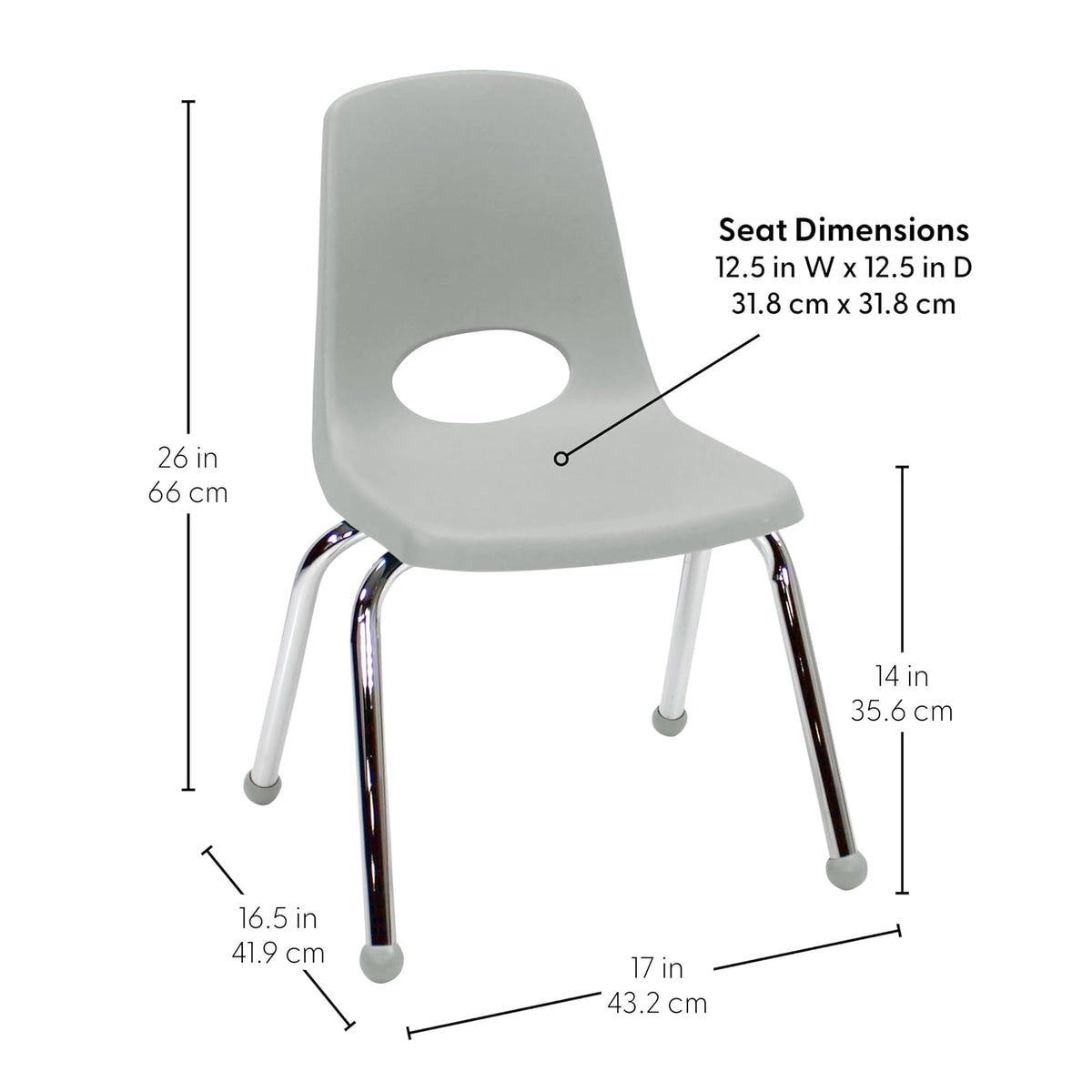 FDP - Silla escolar de 14 pulgadas, asiento apilable para estudiantes con patas de acero chapado en cromo y deslizamientos de bola; para aprendizaje en casa o aula, color gris claro (paquete de 6
