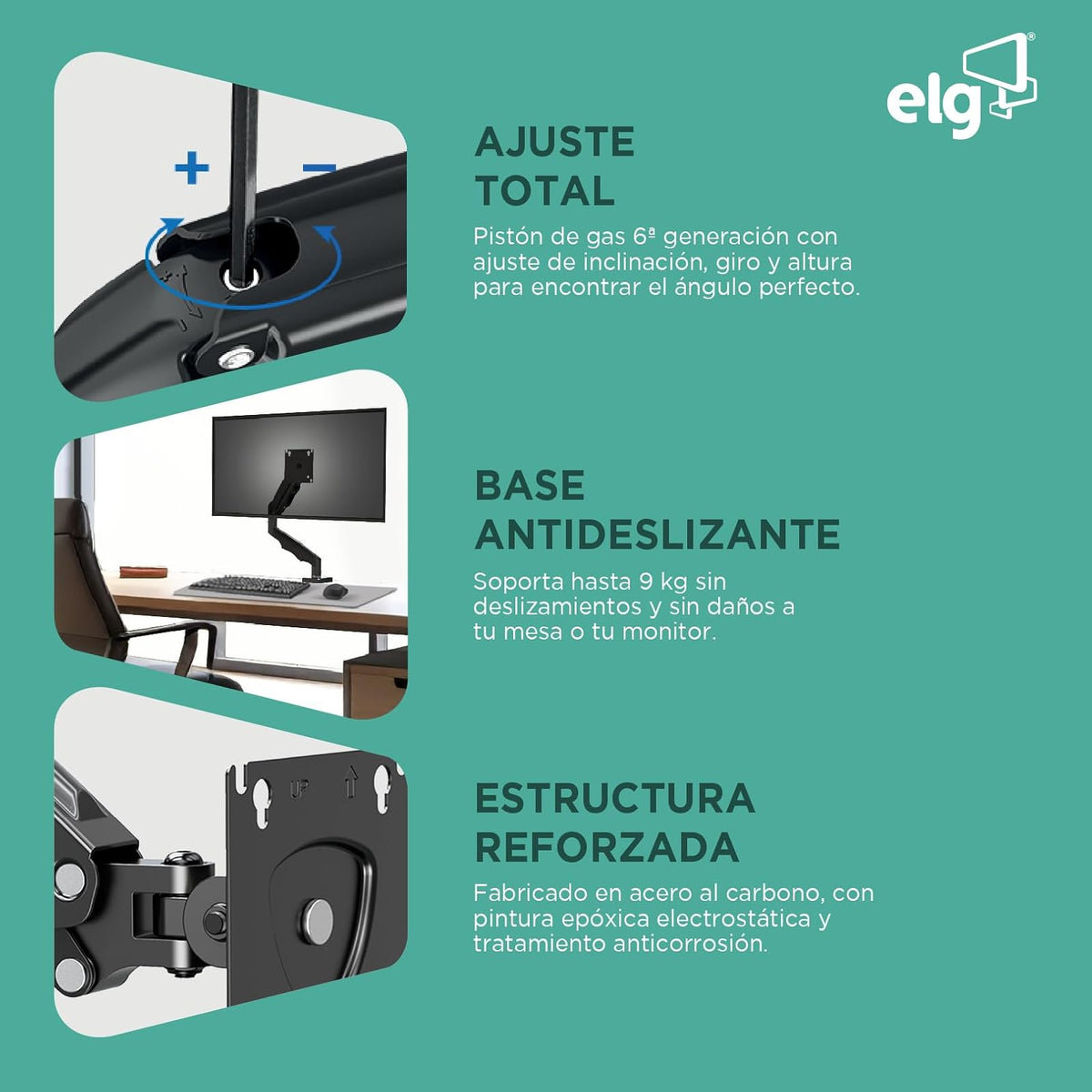 ELG Soporte de Escritorio para Monitor con Pistón de Gas, Brazo Articulado con Giro, Inclinación y Rotación 360°, para Pantallas de 17 a 35 Pulgadas de 2 a 9 kg, VESA 75x75 y 100x100 mm, Negro