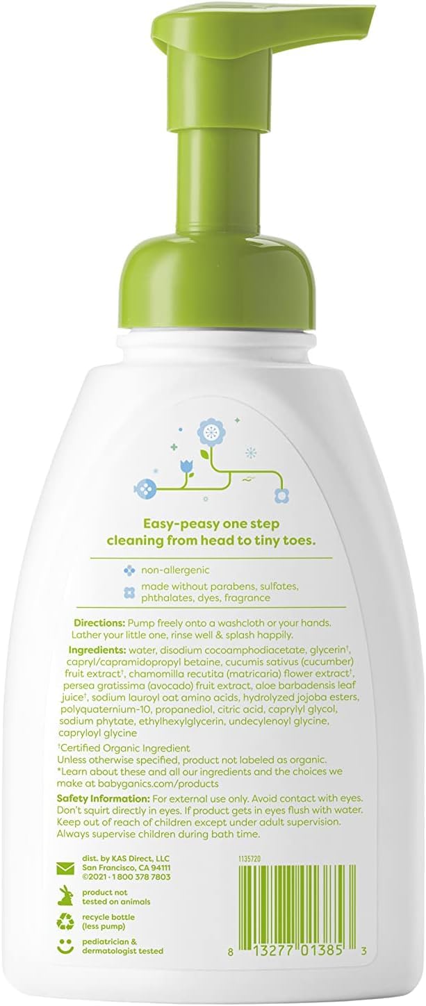 Babyganics Shampoo y Gel de Baño Espumosos 2 en 1 Sin Fragancia 473 ml | Hipoalergénico | Sin Lágrimas | Apto para Bebés y Piel Sensible | Sin Parabenos ni Sulfatos