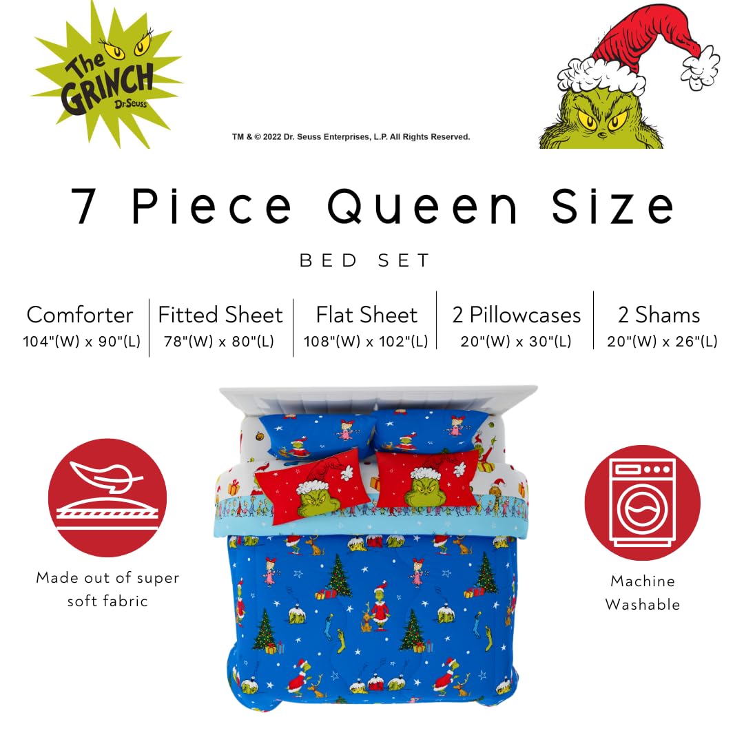 Franco Grinch por Dr. Seuss - Juego de sábanas y edredón súper Suave con Funda de Almohada, 7 Piezas tamaño King (Producto Oficial de Dr. Seuss)