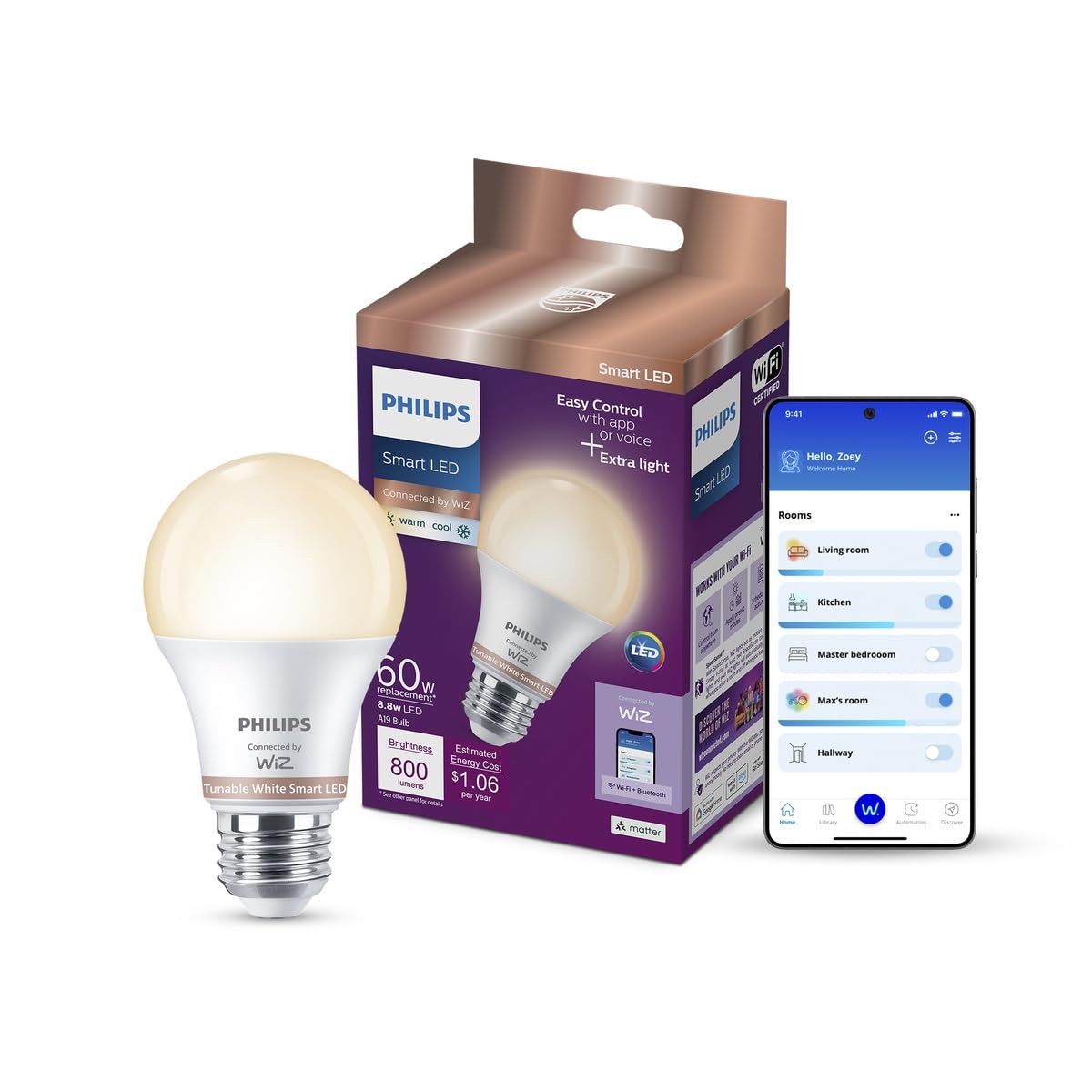 Philips Smart Connected by WiZ Foco A19 Dimeable Luz Cálida a Fría 8.8 W | LED regulable, Luz omnidireccional, Alternativa inteligente