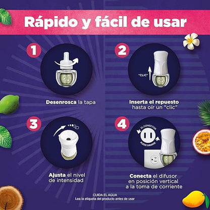 Air Wick Aromatizante de Ambiente Continuo, Mango y Maracuyá + Maderas y Cítricos, 2 difusores eléctricos + 7 repuestos de 25 ml c/u