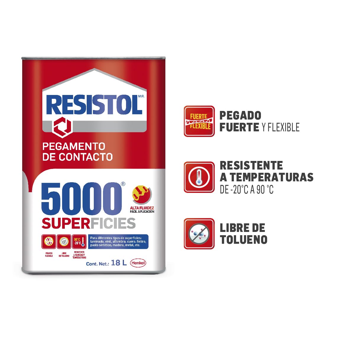 Resistol 5000 Superficies, pegamento para armado, bricolaje, laminado, enchapado y ensamble, adhesivo de fuerte agarre para madera, fieltro, cuero, metal y otros materiales, 1x18lt