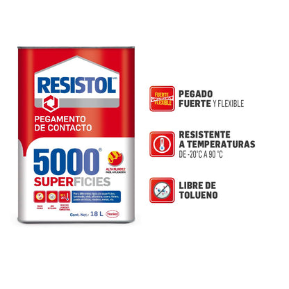 Resistol 5000 Superficies, pegamento para armado, bricolaje, laminado, enchapado y ensamble, adhesivo de fuerte agarre para madera, fieltro, cuero, metal y otros materiales, 1x18lt