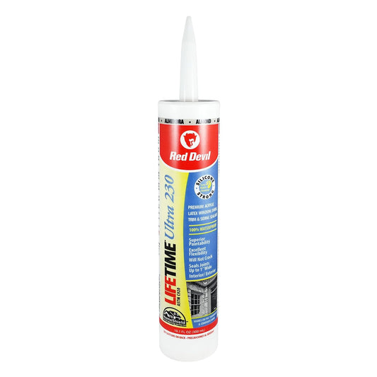 Red Devil 077020 230 Lifetime Ultra Premium Sellador de látex acrílico elastomérico, 10 onzas, almendra