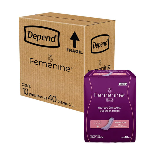 Depend Femenine Pantiprotector para Incontinencia. 400 Piezas. Ideal para goteo ligero. Absorción dual: absorbe orina y flujo menstrual. Cubierta interna adicionada con óxido de cobre, zinc y plata.