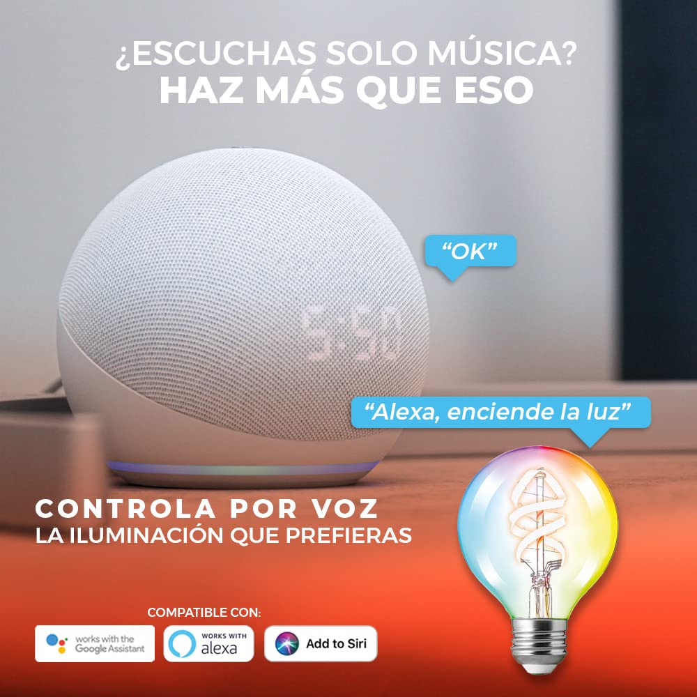 Tecnolite Connect Foco Vintage LED Inteligente G25 WiFi 4.5W - Luz RGB + Cálida, Atenuable, Bombilla Edison Compatible con Alexa, Google Assistant, Atajos de Siri y App móvil
