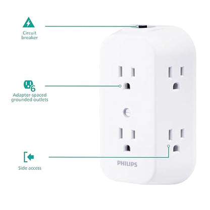 Philips, Multicontacto De Pared De 6 Salidas con Accesos Laterales E Interruptor De Voltaje Reseteable con Conexión A Tierra, Perfecto para Cargar Teléfonos Móviles, Blanco, 1 Unidad, SPS1460WA/37