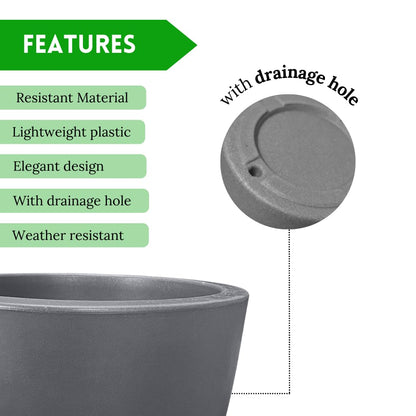 Elly Décor - Maceta de plástico de 17 Pulgadas para jardín con Drenaje, Redonda Grande, Ligera y Extremadamente Duradera, Maceta de plástico para Interior/Exterior, 17 x 15 x 9 Pulgadas, Color Gris