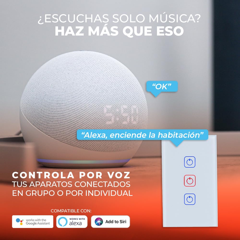 Tecnolite Connect - Apagador Inteligente Táctil WiFi 3 Circuitos, Sin Cable Neutro, Compatible con App móvil, Alexa, Google y Siri, Interruptor Inteligente