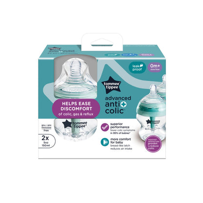 Tommee Tippee Biberones Advanced Anticólicos, Recién Nacido, 150ml/5oz | Paquete de 2, Tetina Flujo Lento Tipo Pecho, Diseño Único Aleja el Aire de la Leche, Transparente, Mamila Libre de BPA