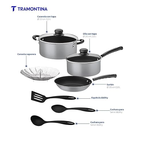 Tramontina Batería Primaware Antiadherente Starflon Max 9 Pz | Gris, con vaporera, aluminio, antiadherente sin PFOA, mangos antitérmicos