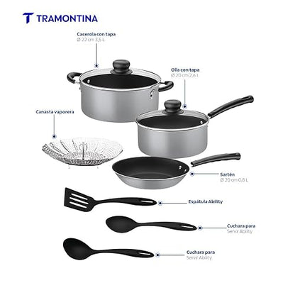Tramontina Batería Primaware Antiadherente Starflon Max 9 Pz | Gris, con vaporera, aluminio, antiadherente sin PFOA, mangos antitérmicos