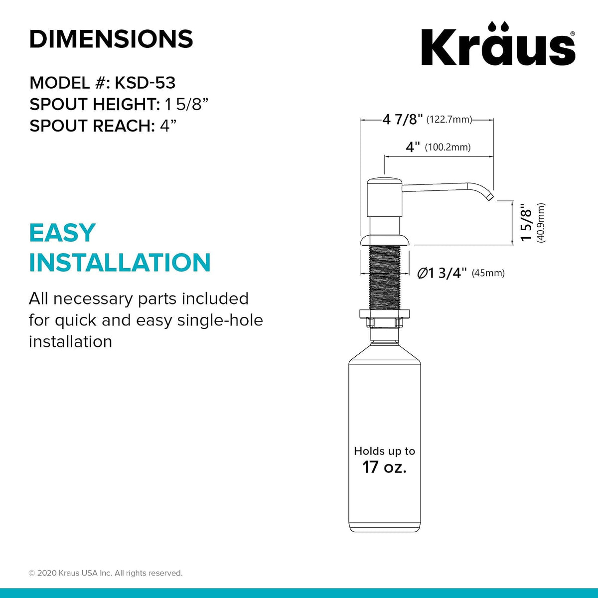 KRAUS Boden KSD-53SFS Dispensador de jabón y loción de cocina en acero inoxidable sin puntos