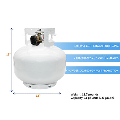 Flame King YSN11SQTa - Cilindro de tanque de propano de 12 libras con tapa antipolvo, válvula OPD tipo 1 y calibre integrado, color blanco